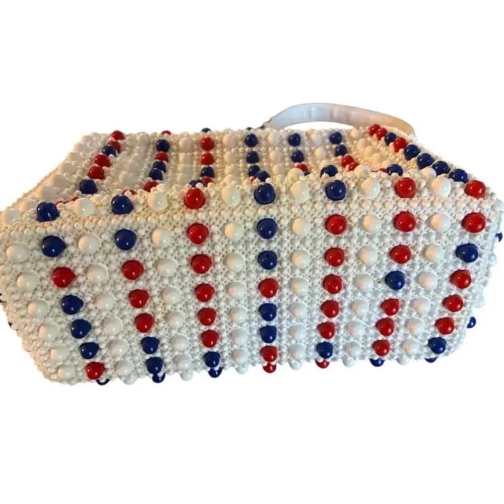 Vintage Lumured Bead Flower Purse New without Tags Red White Blue USA Celebrate‎